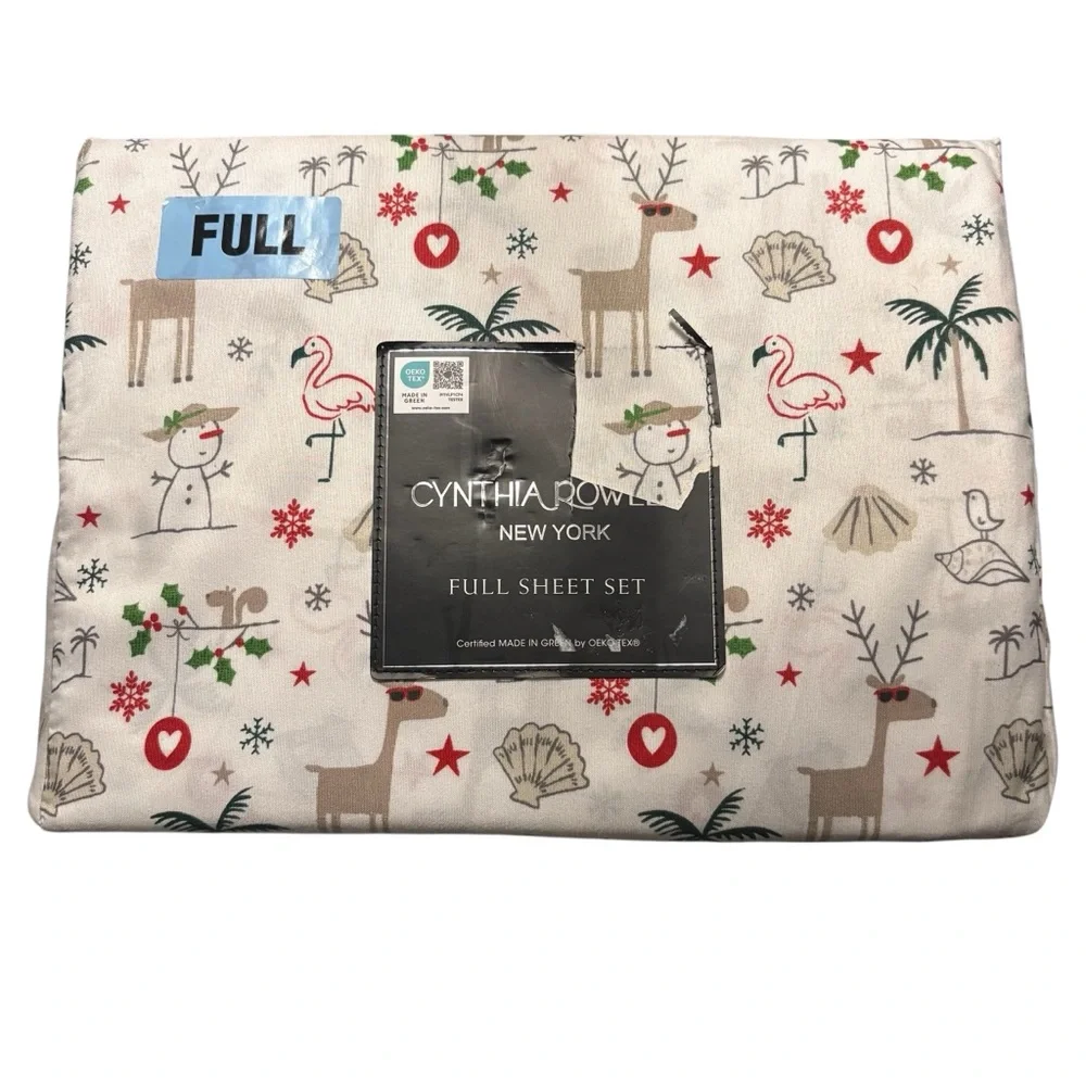 CYNTHIA ROWLEY Holiday Beachy FULL SIZE Sheet Set in Festive Red/Green NWT